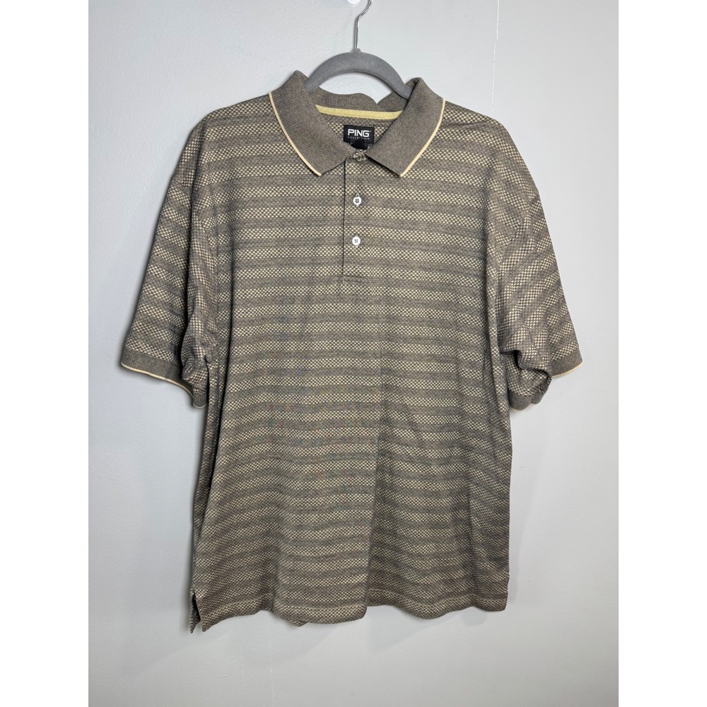 Ping Mens Large‎ Polo Shirt Gray Beige Mercerized Cotton Golf Short Slv